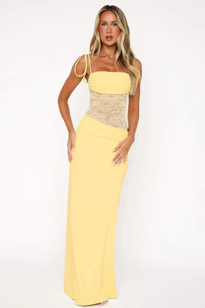 Hollow Out Lace Spaghetti Strap Lace Up Waist Slim Sleeveless Maxi Dress