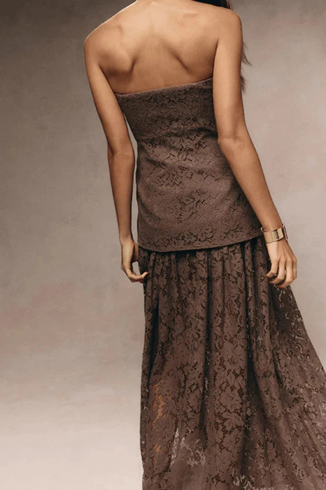 Hollow Out Off-Shoulder Lace Pleated High Waist Maxi Dress