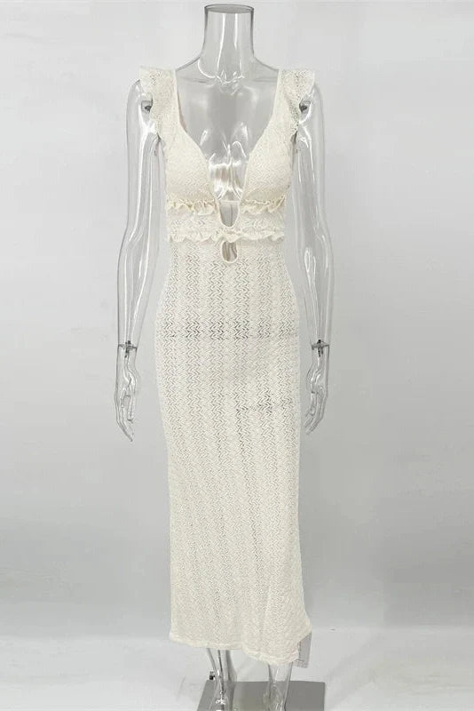 Deep V Neck Sleeveless See Through High Waist Knitted Maxi Dress