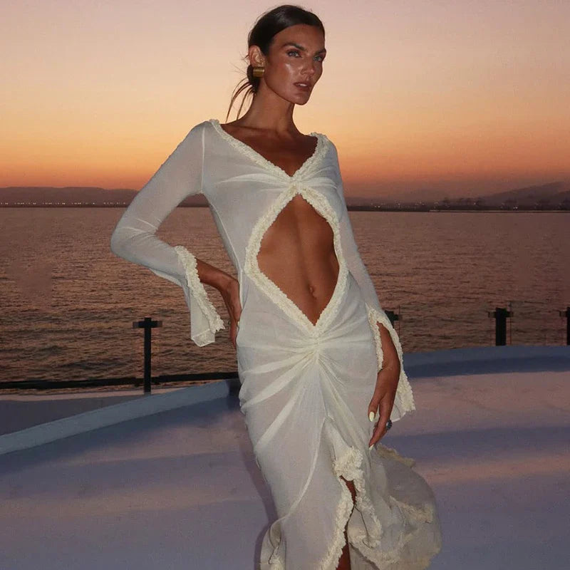 Hollow Out Long Sleeve V Neck Slim Maxi Dress