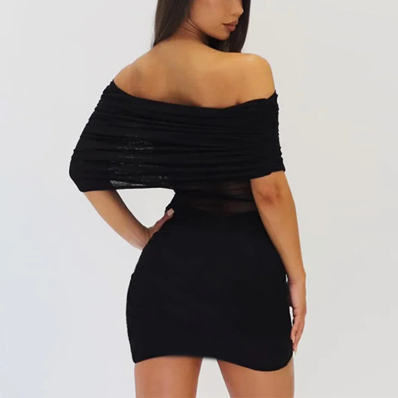 Off Shoulder See Through Patchwork Mini Dress