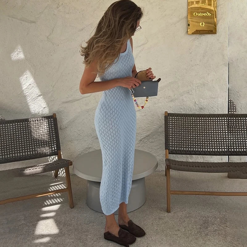 Hollow Knitted Sleeveless Maxi Dress