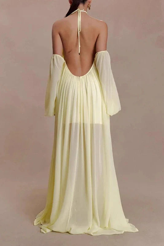 Backless Lace Up Off Shoulder Pleat Loose Maxi Dress