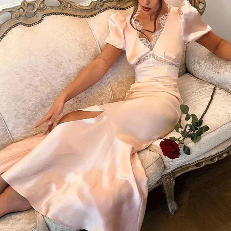 V-Neck Lace Hollow Out High Waist Patchwork Maxi Dress