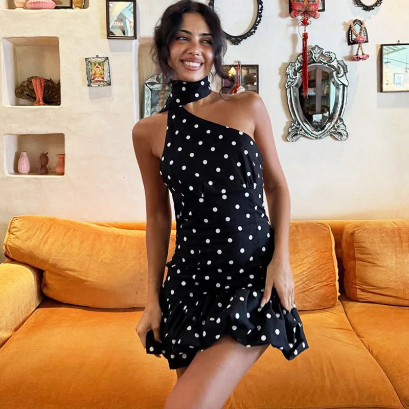 Polka Dot Scarf Ribbon Backless Sleeveless Mini Dress