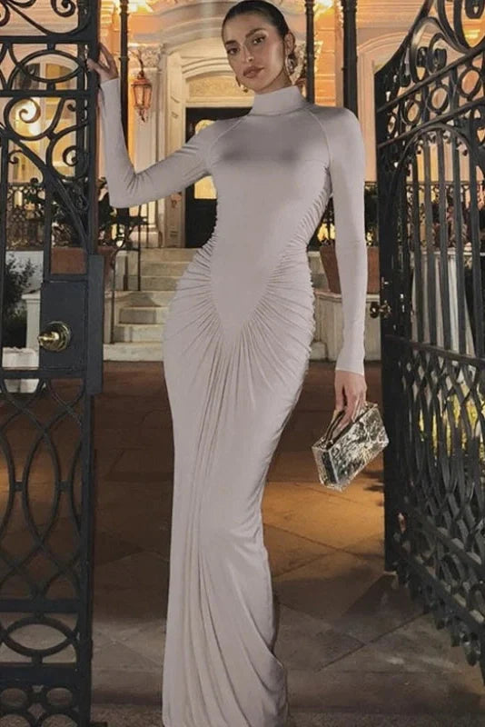 Elegant Turtleneck Slim Long Sleeve High Waist Maxi Dress