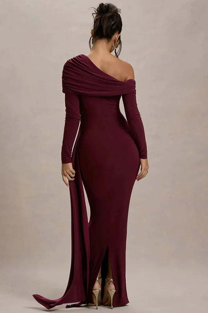Skew Collar Long Sleeve Backless Bodycon Maxi Dress