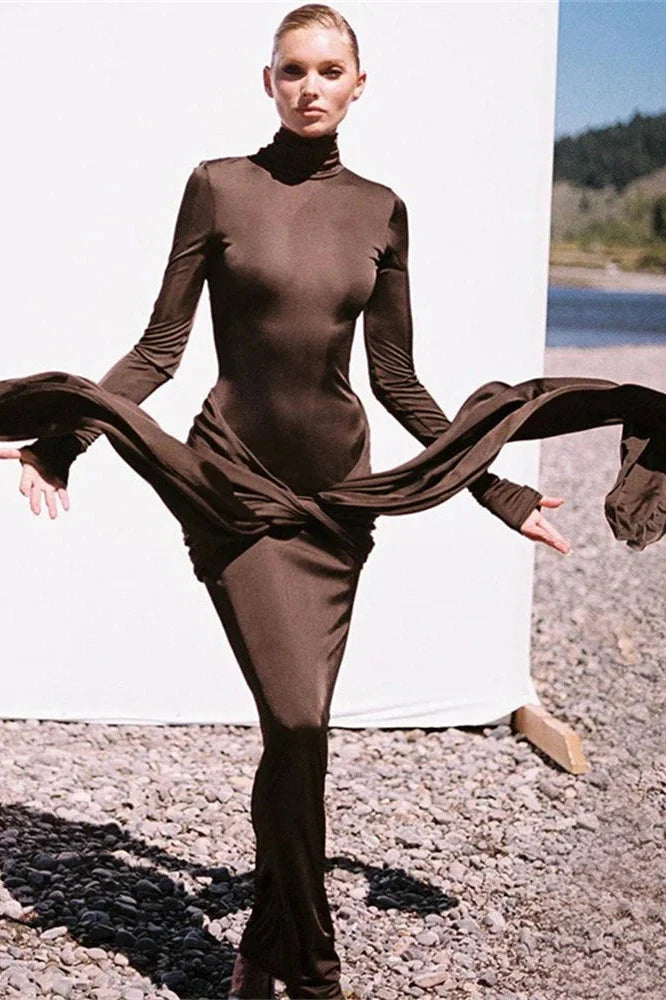Slim Pleated Long Sleeve Lace-Up Maxi Dress