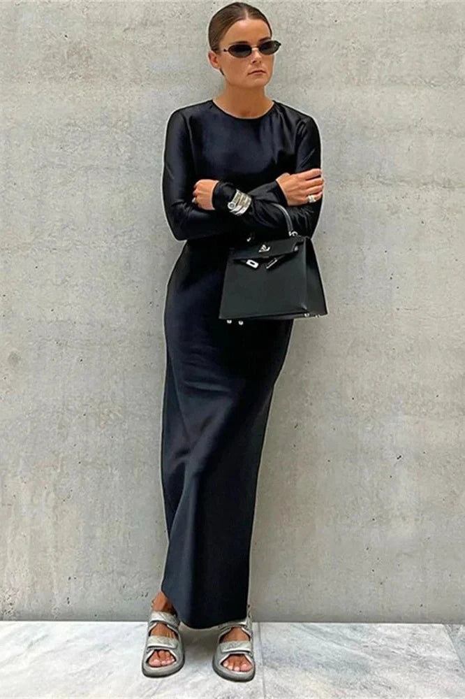 Hollow Out High Waist Slim Long Sleeve Zipper Maxi Dress