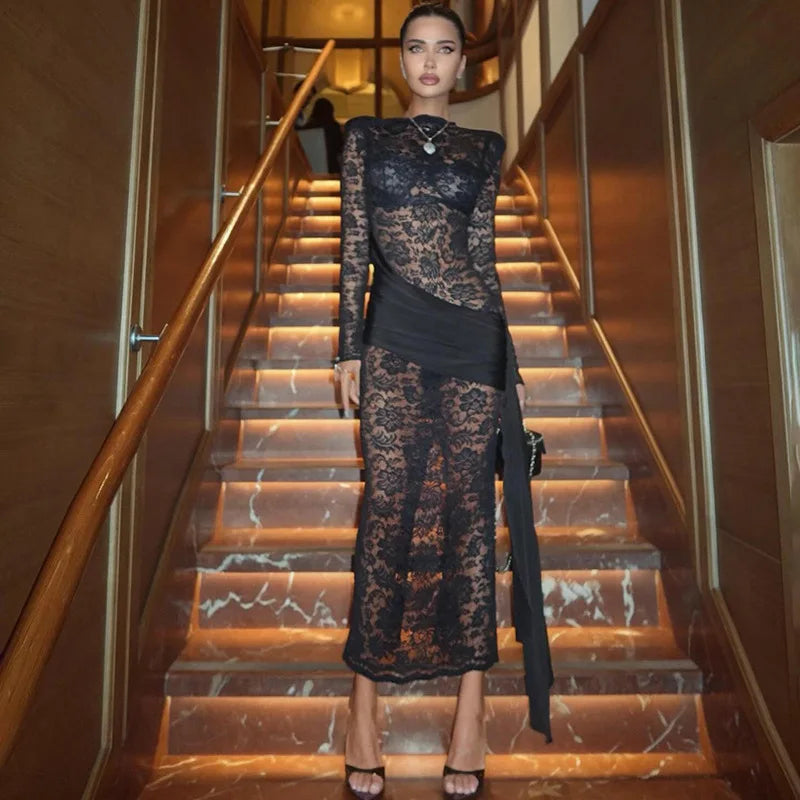 Long Sleeve Slim See Through Lace Up Midi Dress