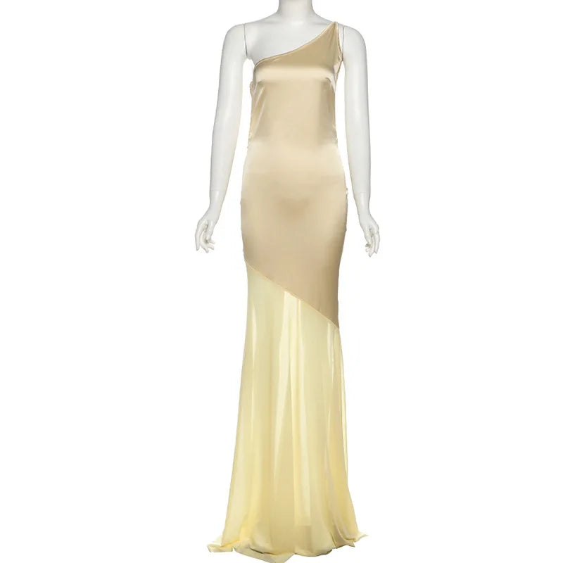 Patchwork One Shoulder Lace-Up Backless Maxi Dress