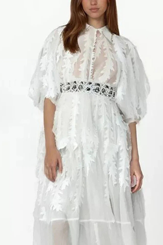 Elegant Loose Puff Sleeve High Waist Midi Dress