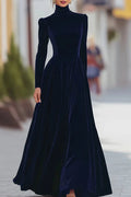 Elegant High Collar Long Sleeve Slim Pleated Maxi Dress
