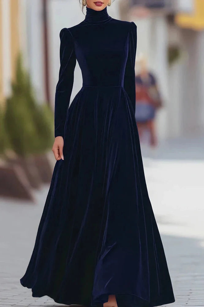 Elegant High Collar Long Sleeve Slim Pleated Maxi Dress