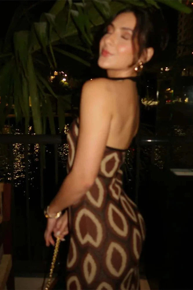 Hollow Out Printed Backless Maxi Dress