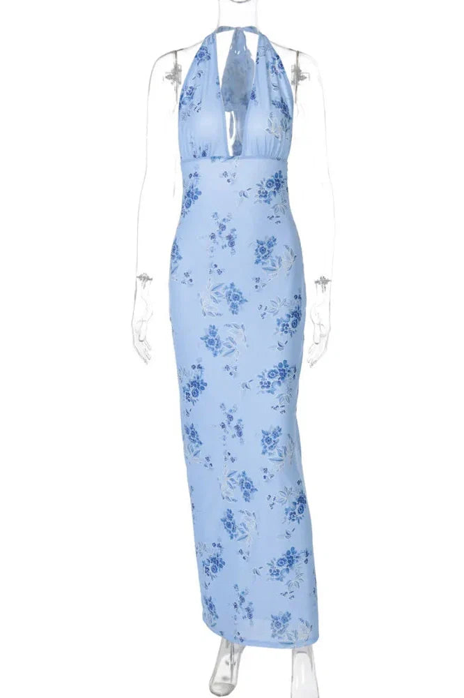 Backless Printed Deep V Neck Sleeveless Bodycon Maxi Dress
