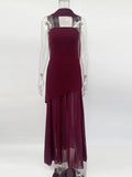 Elegant Strapless Scarf Ribbon Patchwork Maxi Dress