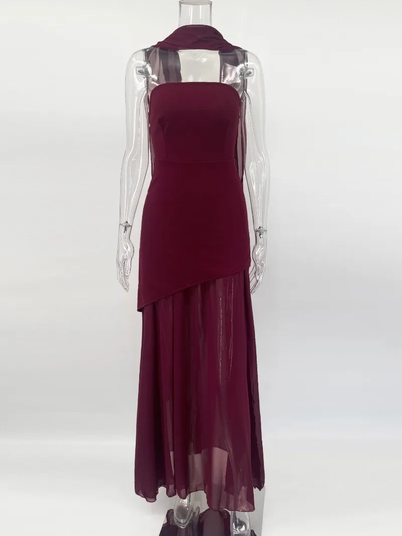 Elegant Strapless Scarf Ribbon Patchwork Maxi Dress