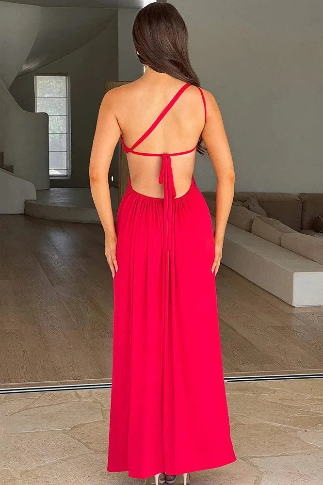 One Shoulder Diagonal Collar Backless Maxi Dress