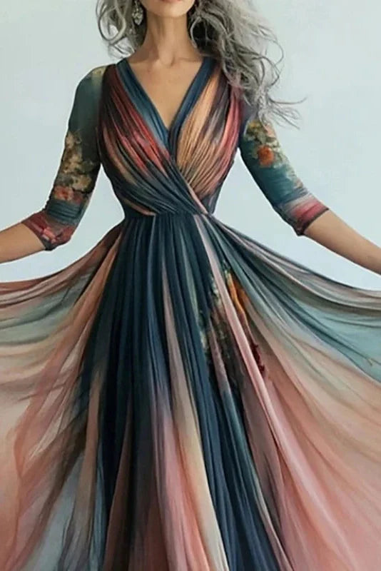 Elegant Pleated V Neck Long Sleeve Printed Maxi Dress