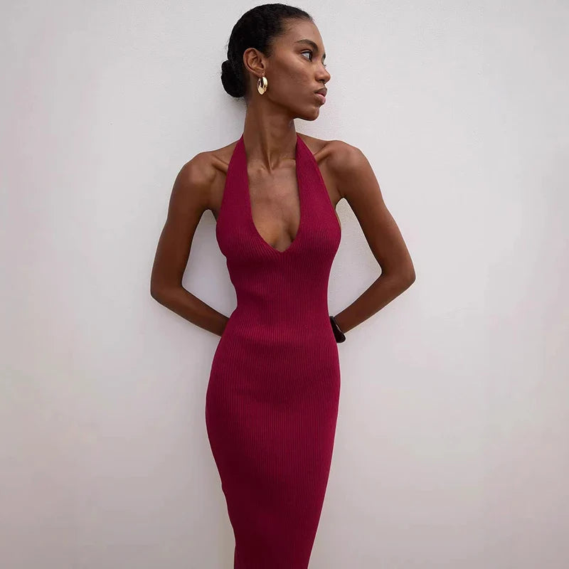 Knitted V-Neck Sleeveless Slim Midi Dress