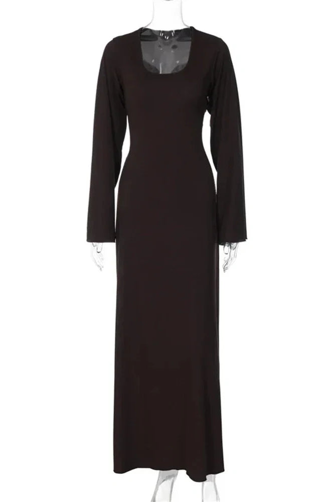 Lace-Up Long Sleeve Slim Loose Maxi Dress