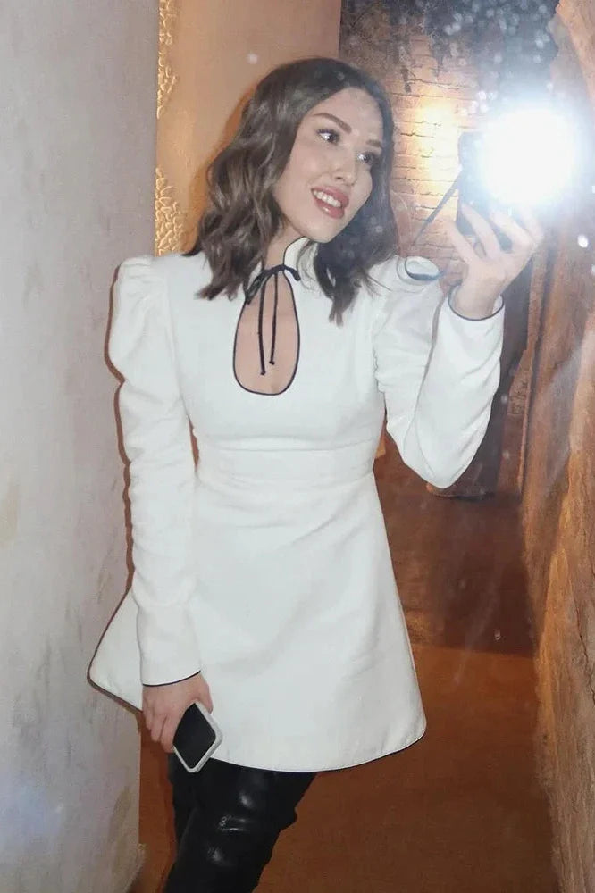 Hollow Out Puff Sleeve Lace Up A-Line Mini Dress