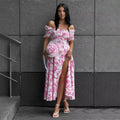 Off Shoulder Short Sleeve Lace Printed Slit Maxi Dress