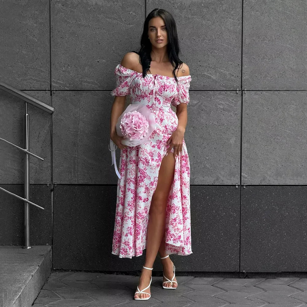 Off Shoulder Short Sleeve Lace Printed Slit Maxi Dress