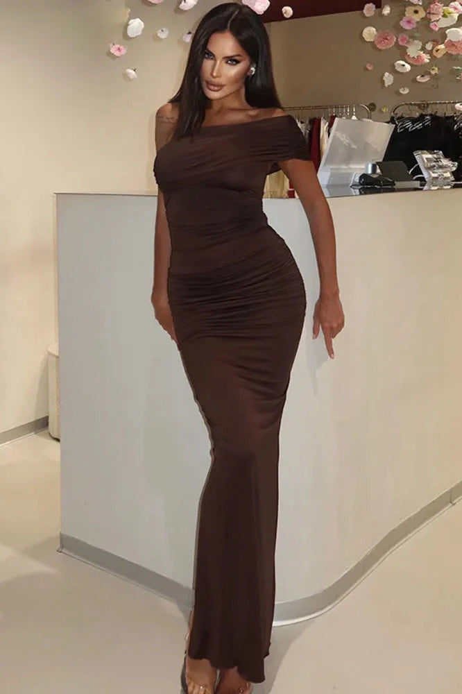 Oblique Shoulder Split Sleeveless Slim Fit Maxi Dress