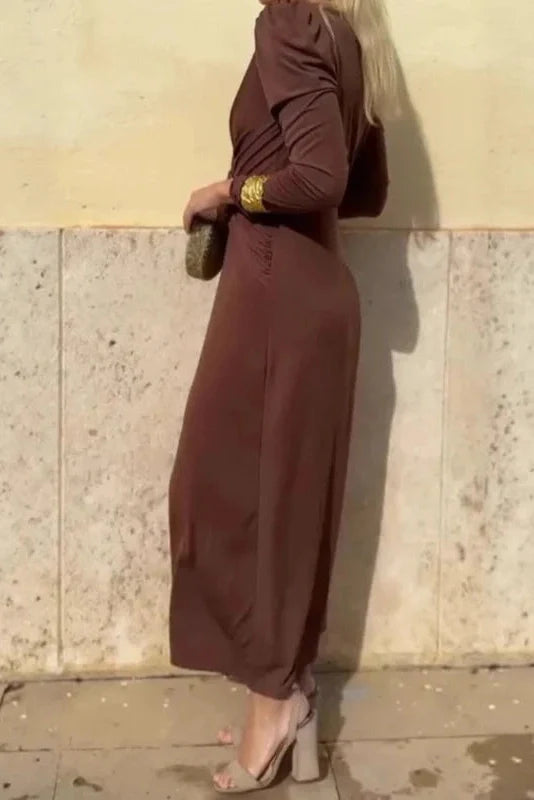 Elegant V-Neck Slim Long Sleeve High Waist Maxi Dress
