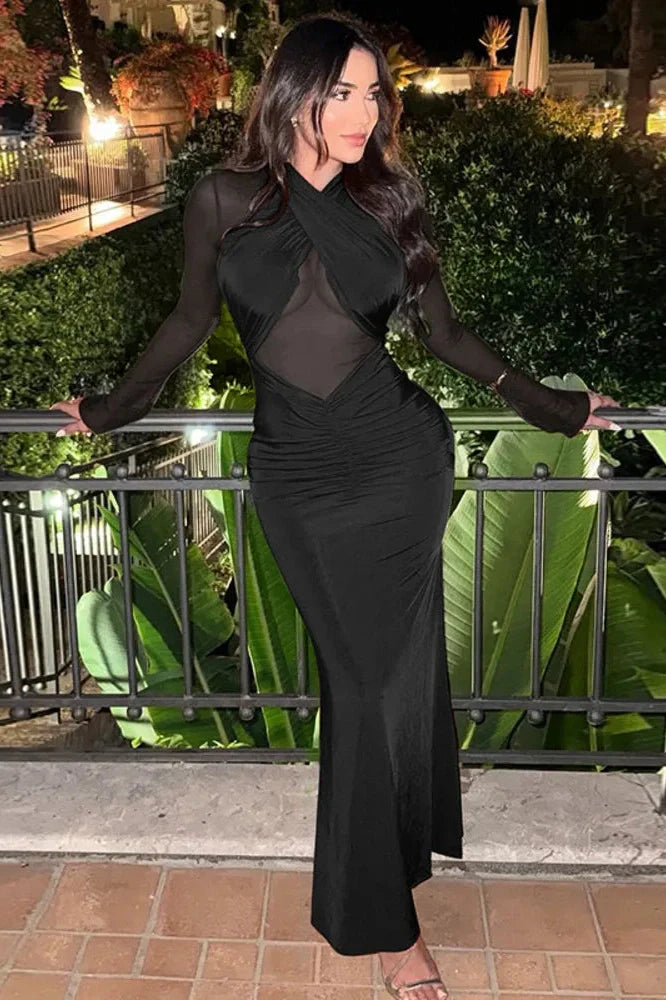 Hollow Out Long Sleeve O Neck Bodycon Maxi Dress