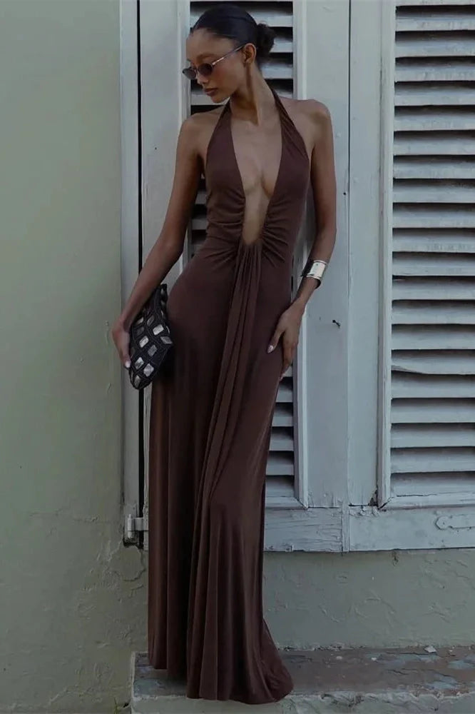 V-Neck High Waist Backless Slim Pleated Maxi Dress