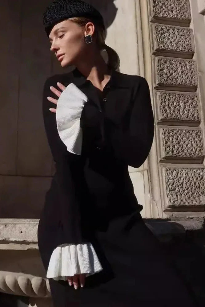Elegant Flare Sleeve Knitted High Waist Button Maxi Dress