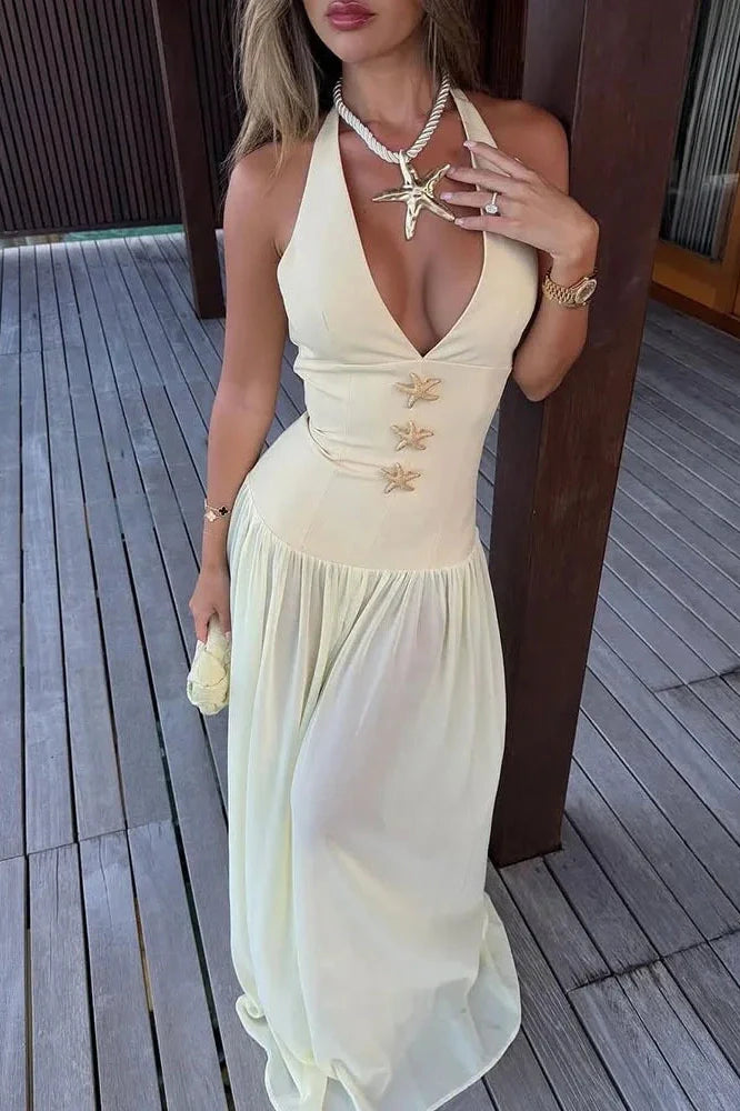 Backless Deep V Neck Sleeveless Maxi Dress