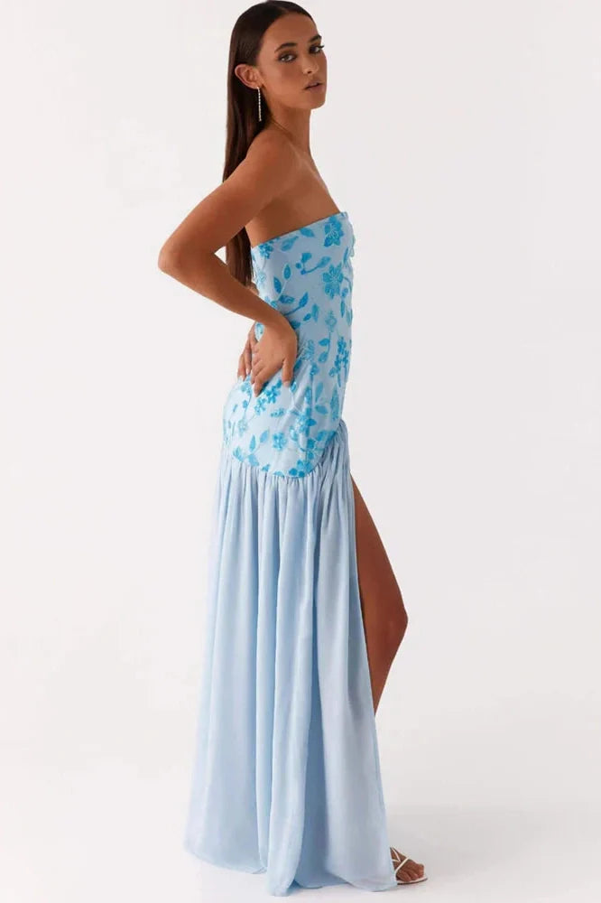Off-Shoulder Split Print Strapless Backless Pleated Maxi Dress