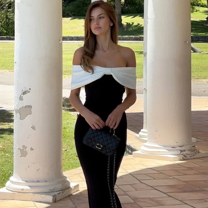 Off Shoulder Patchwork Backless Maxi Dress