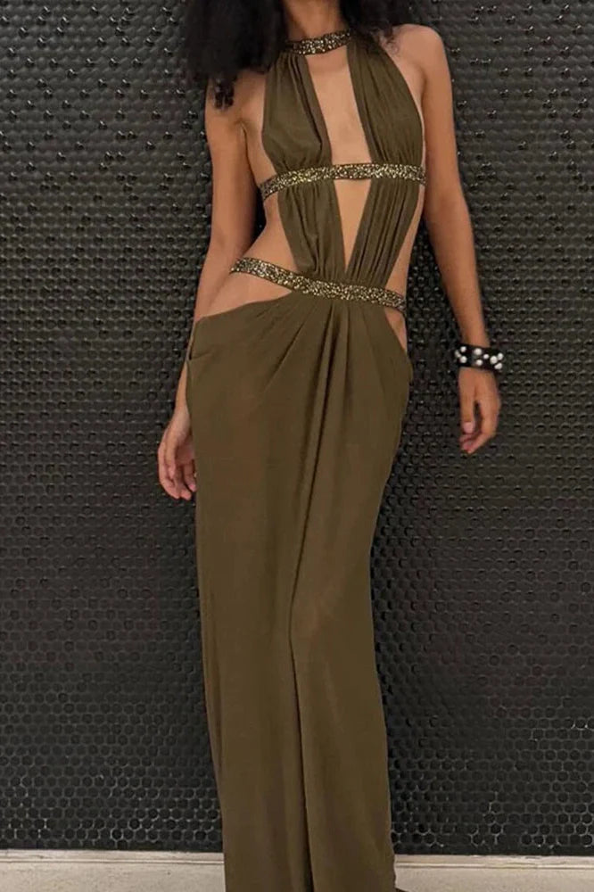 Hollow Out Backless Sleeveless Pleated Slim Maxi Dress