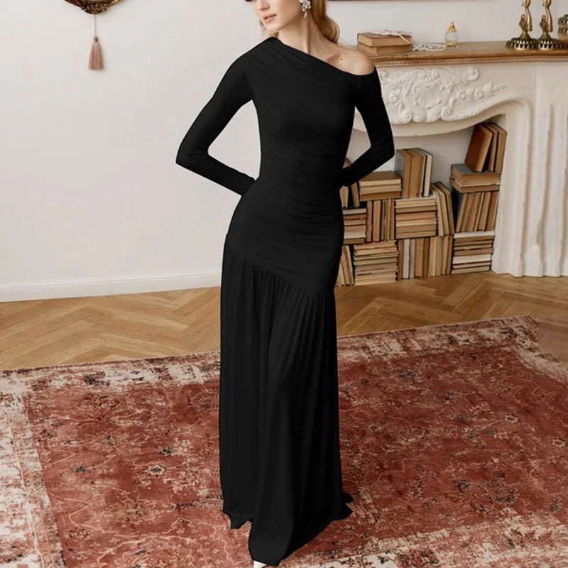 Off Shoulder Patchwork Pleated Long Sleeve Maxi Dress