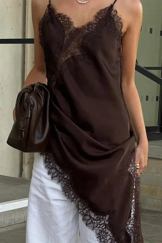 Lace Backless Slit Spaghetti Strap Slim High Waist Irregular Mini Dress