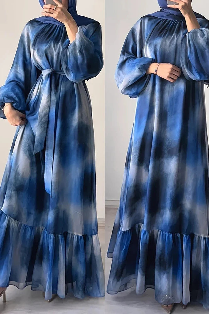 Pleated O-Neck High Waist Lace Print Long Sleeve Maxi Dress
