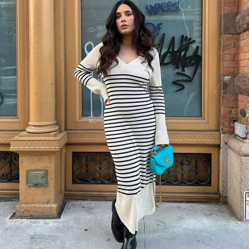 Striped Knitted V-Neck Long Sleeve Midi Dress
