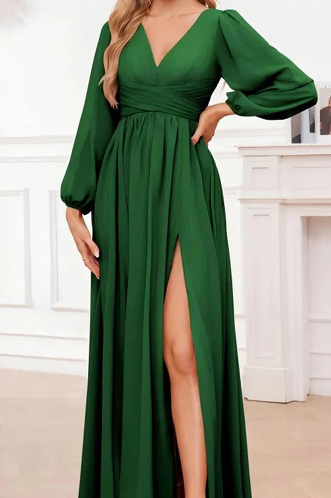 Elegant Long Sleeve Loose V-Neck Split Maxi Dress