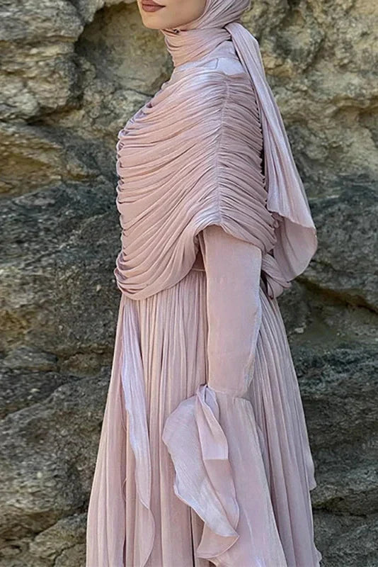 Elegant O-Neck High Waist Pleated Irregular Maxi Dress