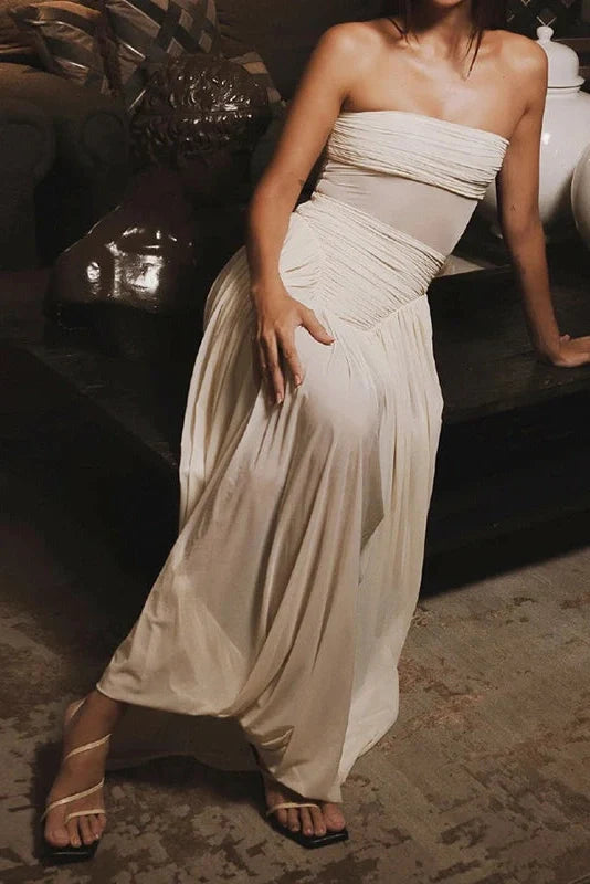 Off-Shoulder High Waist Slim Pleated Maxi Dress
