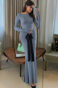 Long Sleeve Patchwork O Neck Bodycon Maxi Dress