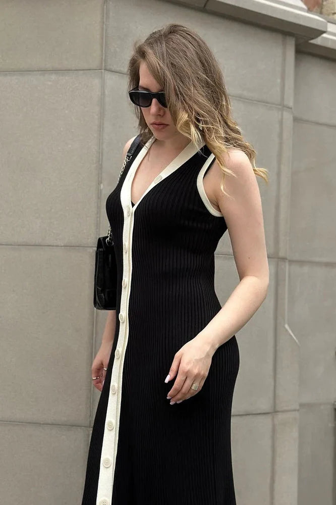 V Neck Sleeveless Single Breasted Knitted Bodycon Maxi Dress