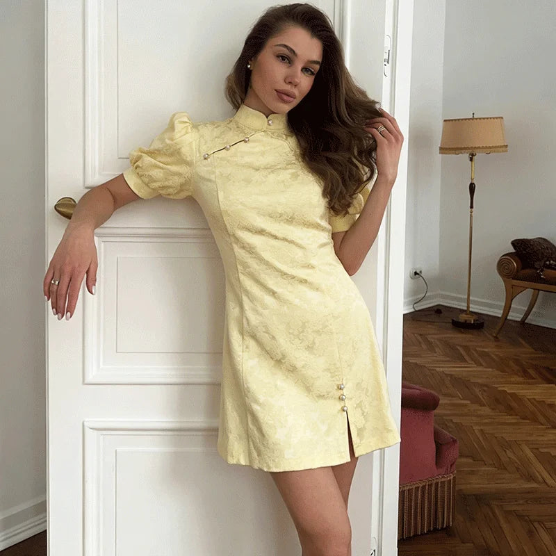 Printed Button Patchwork Mini Dress