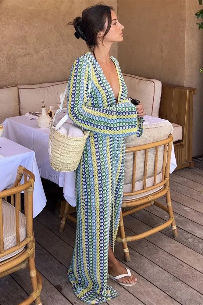 Hollow Out V-Neck Long Sleeve Lace Patchwork Maxi Dress