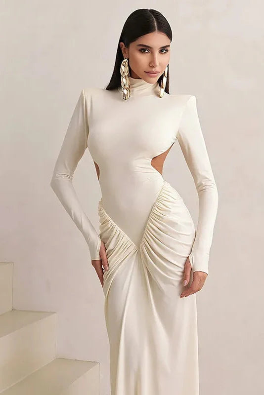 Elegant Backless Turtleneck Long Sleeve Maxi Dress